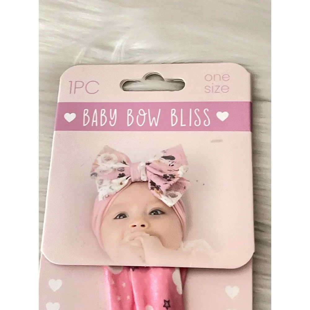 Baby Bow Bliss Pink knotted Headband Stretchy Soft Fabric White Celestial Print